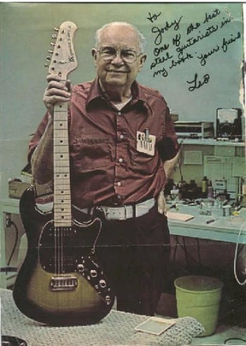 Leo Fender with a Stratocaser model