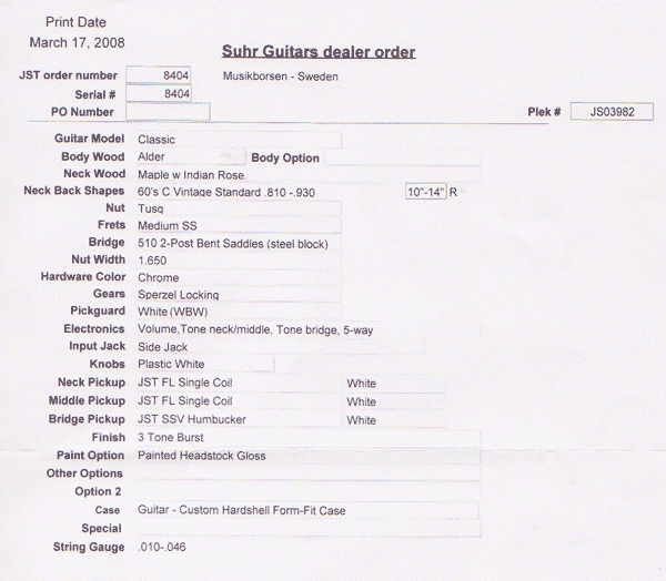 Suhr Classic Custom built Specs